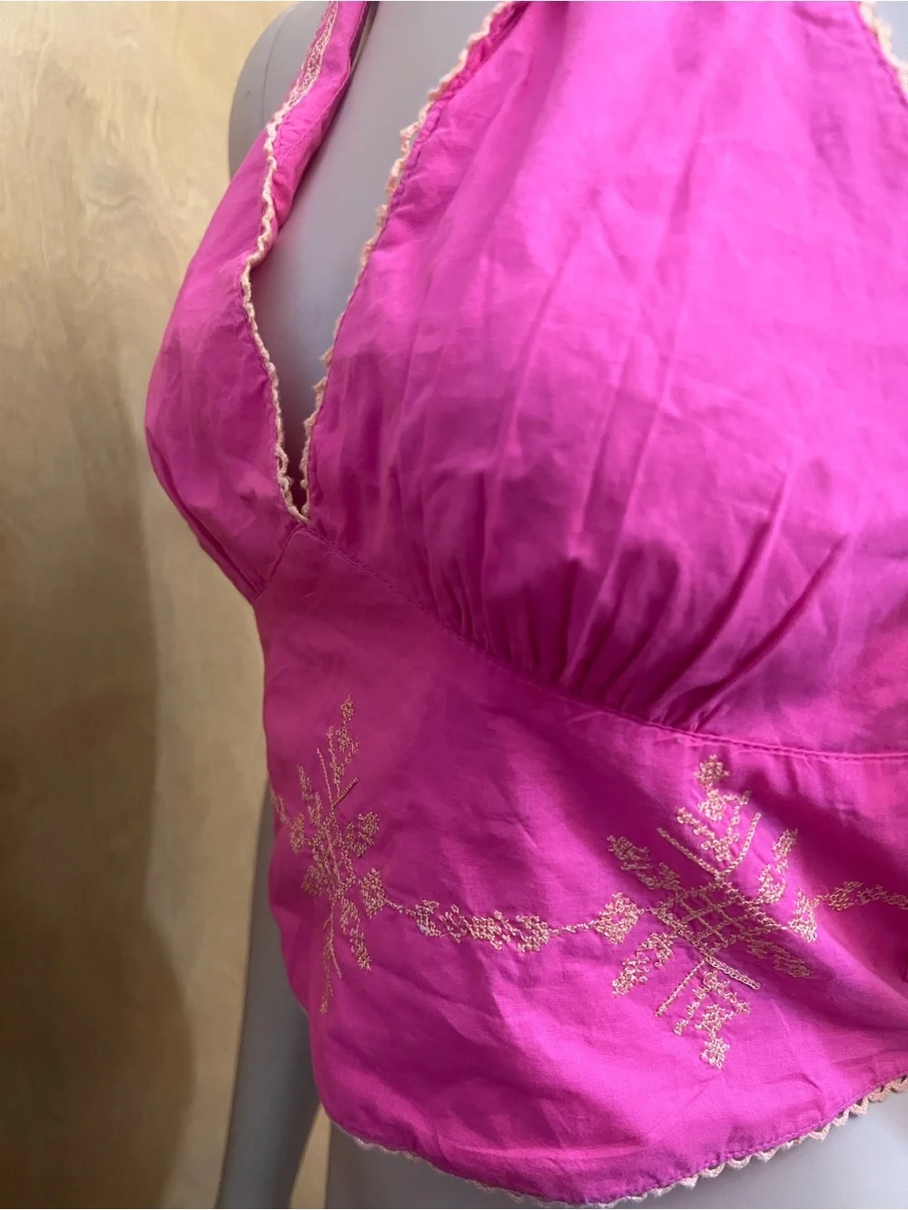Free People Pink Halter Tank Top with Gold Embroidery